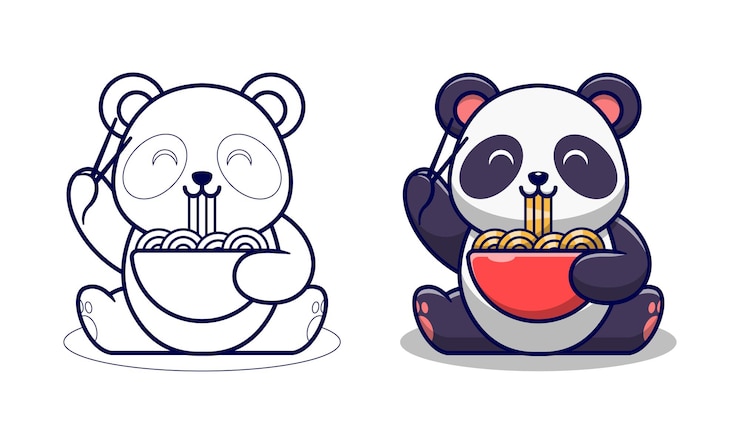 Vector schattige panda eten ramen noodles cartoon kleurplaten voor kinderen