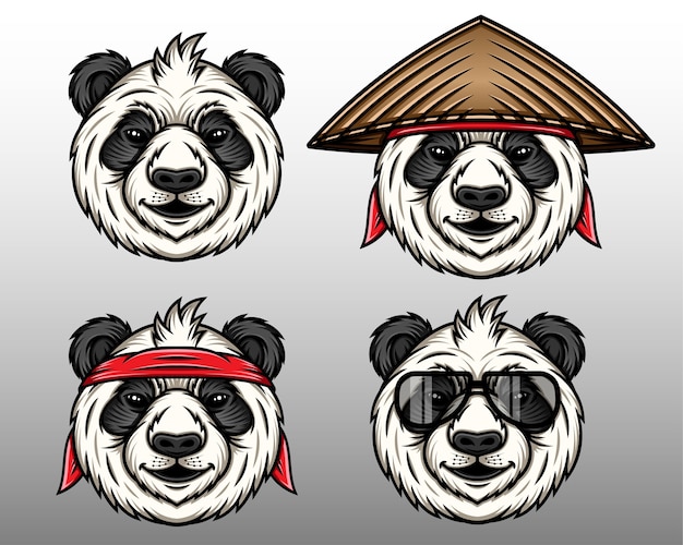 Schattige panda gezicht instellen met hoed vectorillustratie