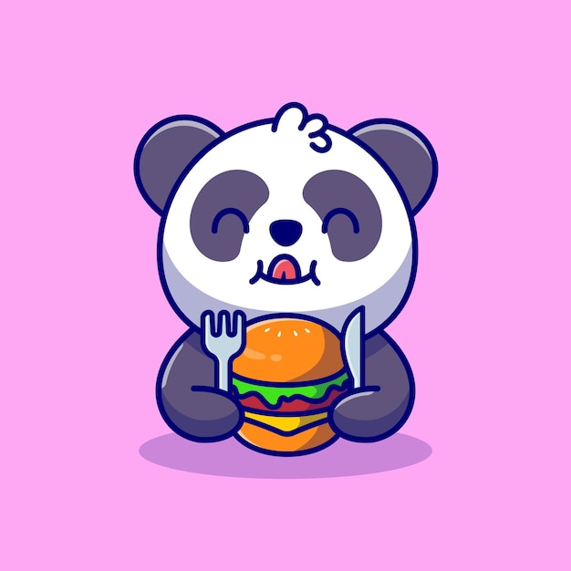 Schattige Panda Hamburger eten met vork en mes Cartoon pictogram illustratie.