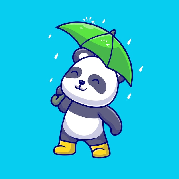 Schattige panda holding paraplu in regen cartoon vector pictogram illustratie. dierlijke natuur pictogram geïsoleerd