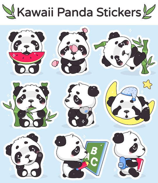 Schattige panda kawaii stripfiguren instellen. aanbiddelijk, gelukkig en grappig dier dat watermeloen eet, bamboe geïsoleerde sticker, flardenpakket. anime babypanda beer slapende emoji op blauwe achtergrond