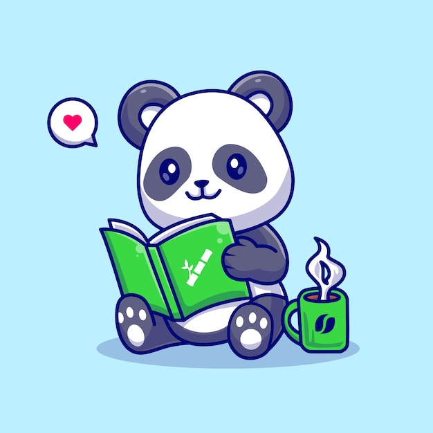 Schattige Panda leesboek met koffie Cartoon vectorillustratie pictogram. Diereneducatie pictogram geïsoleerd