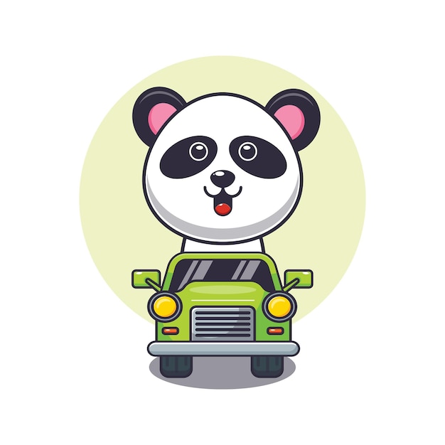 schattige panda mascotte stripfiguur ritje op auto