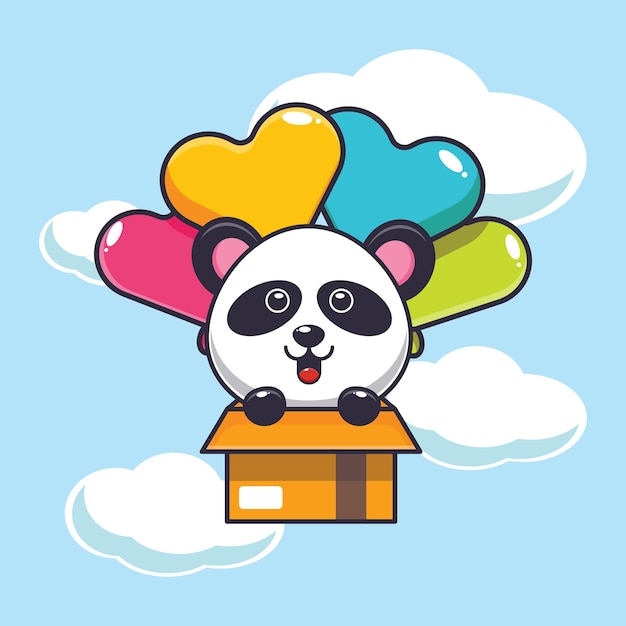 Schattige panda mascotte stripfiguur vlieg met ballon