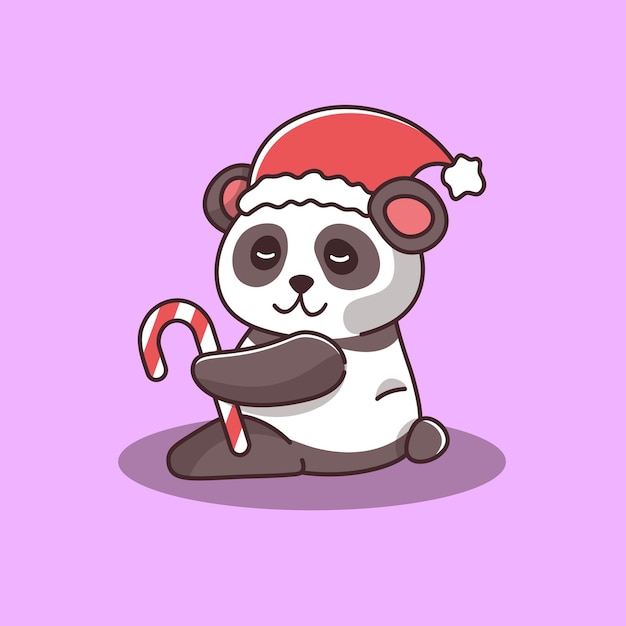 Schattige panda met kerstmuts met kerstlolly nieuwjaar kerst vectorkarakter