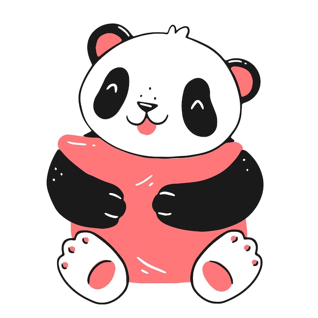 Schattige panda-print met kussen Een gelukkige panda-welp knuffelt een kussen geïsoleerde illustratie in doodle-stijl