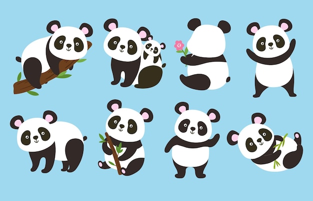 Schattige panda's cartoon beer mascotte panda met bamboe tak en schattige dieren vector illustratie set