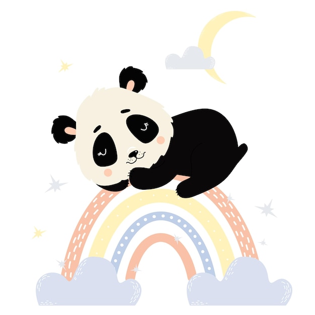 Schattige panda slaapt op regenboog Scandinavische stijl Babydieren karakter voor kinderkamerontwerp
