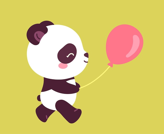Schattige panda sticker schattig Aziatisch pluizig dier met roze luchtballon Wild leven en fauna zoölogie sjabloon en lay-out Cartoon platte vectorillustratie geïsoleerd op groene achtergrond
