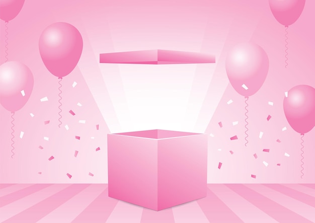 Schattige pastel roze geopende doos 3d illustratie vector met ballonnen grafisch element