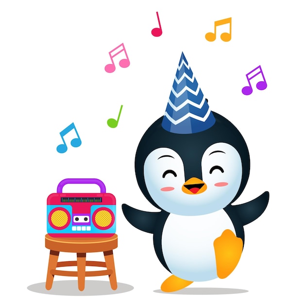 Schattige pinguïn dansen luisteren muziek van radio