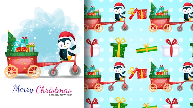 Schattige pinguin driewieler. illustratie en naadloos patroon voor eerste kerstdag.