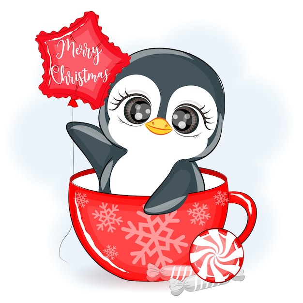 Schattige pinguïn in een beker vector kerstillustratie