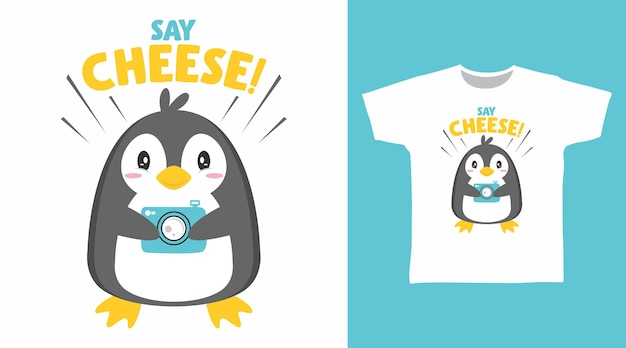 Schattige pinguïn met camera tee ontwerpen concept