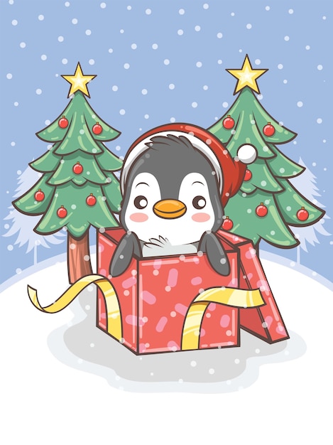 Schattige pinguïn met een geschenkdoos en kerstboom - cartoon karakter illustratie