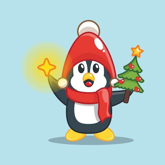 schattige pinguïn met kerstboom en ster