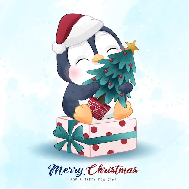 Vector schattige pinguïnkerstmis met waterverfillustratie