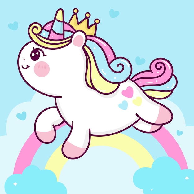 Schattige prinses unicorn cartoon op zoete wolk met regenboog kawaii dier