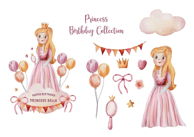 Vector schattige prinses verjaardag collectie aquarel clipart illustratie