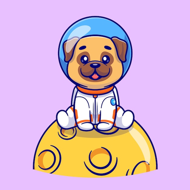 Schattige Pug Dog Astronaut zittend op de maan Cartoon vectorillustratie pictogram. Dierwetenschap geïsoleerd