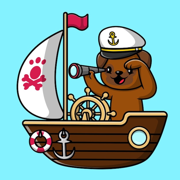 Schattige Pug Dog verrekijker op boot Cartoon Cartoon vector pictogram illustratie