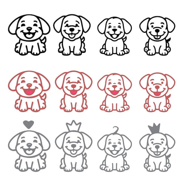 Vector schattige puppy hond met een brede glimlach logo set ontwerp sjabloon