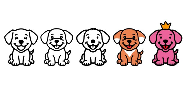 Schattige puppy hond met een brede glimlach logo set ontwerp sjabloon