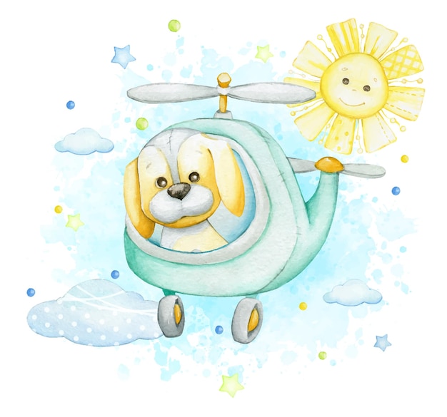 Schattige puppy vliegt in een helikopter tegen de achtergrond van de sterren van de zonwolken aquarel clipart