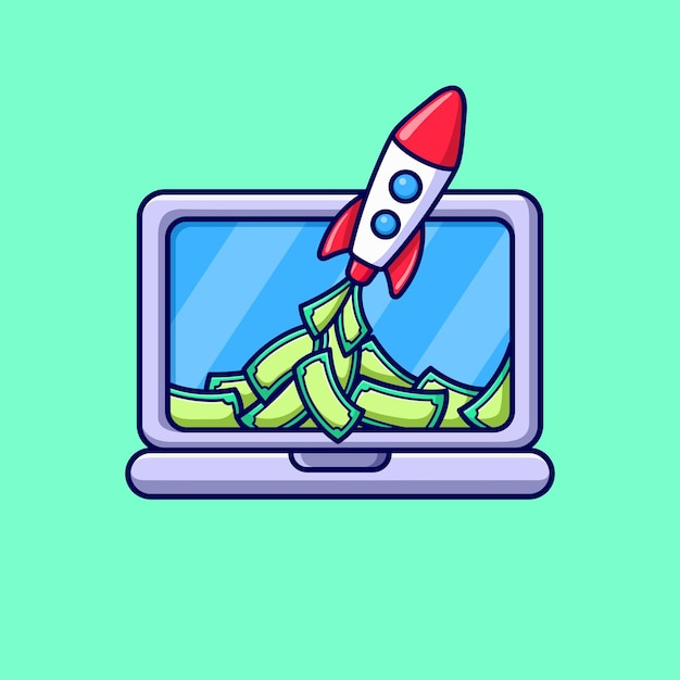 schattige raket opstijgen van laptop vector illustratie opstarten cartoon plat ontwerp