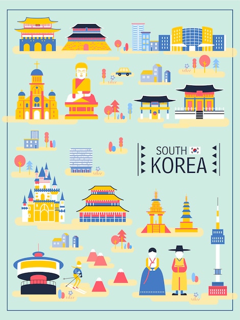 Schattige reiscollecties uit Zuid-Korea in platte stijl
