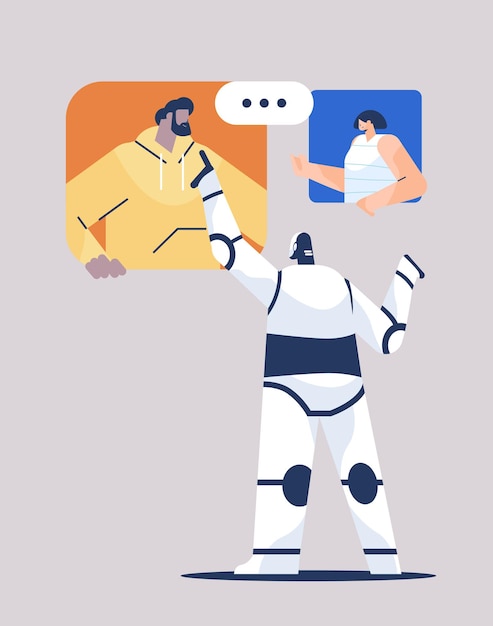 Schattige robot bespreken met mensen tijdens videogesprek online communicatie kunstmatige intelligentie technologie concept volledige lengte verticale vectorillustratie