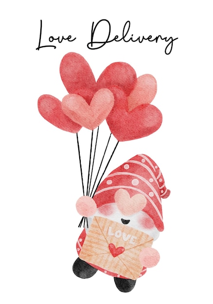 Schattige rode kabouter met hartvormige ballonnen en liefdesbrief aquarel cartoon vector hand schilderij liefde levering