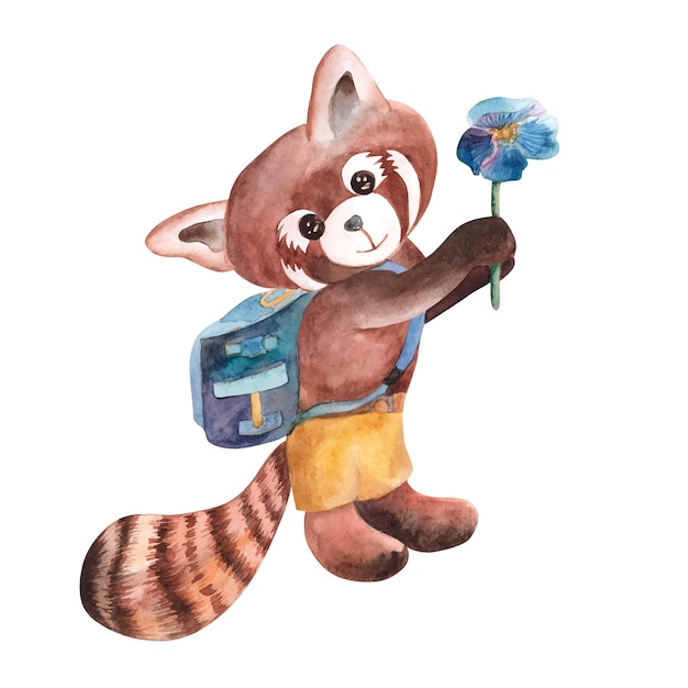 Schattige rode panda met bloem in poten met rugzak op reis Kwekerij aquarel