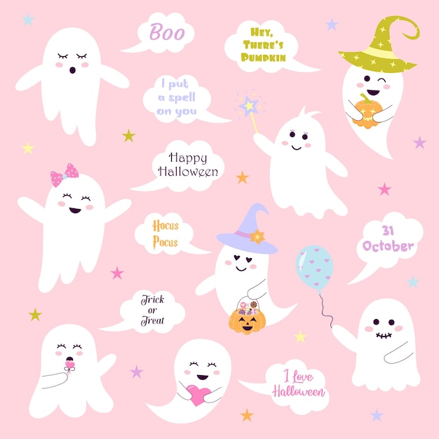 Schattige roze halloween-geesten met spreuken in tekstballonnen Magische babykarakters