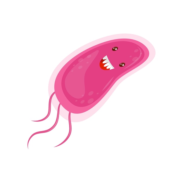 Schattige roze lachende microbe gehumaniseerd bacteriën cartoon karakter vector illustratie op een witte background