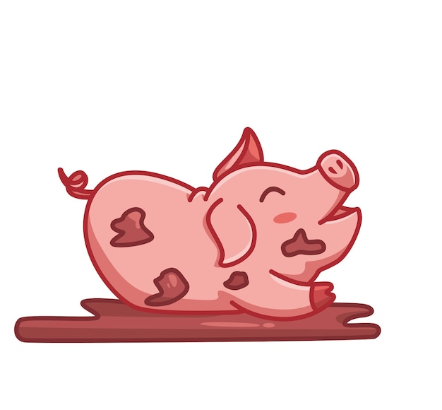 Schattige roze varken spelen vuile modder cartoon dier natuur concept Geïsoleerde illustratie Flat Style
