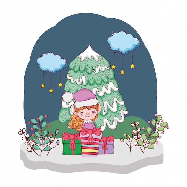 schattige santa helper met geschenken in de snowscape