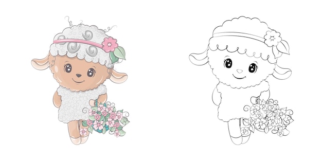 Schattige schapen clipart illustratie en zwart-wit. Grappige illustratie Lam met mand met bloemen