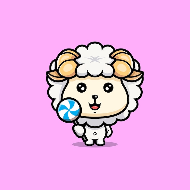 Schattige schapen en lolly snoep cartoon pictogram karakter chibi dier mascotte illustratie vector