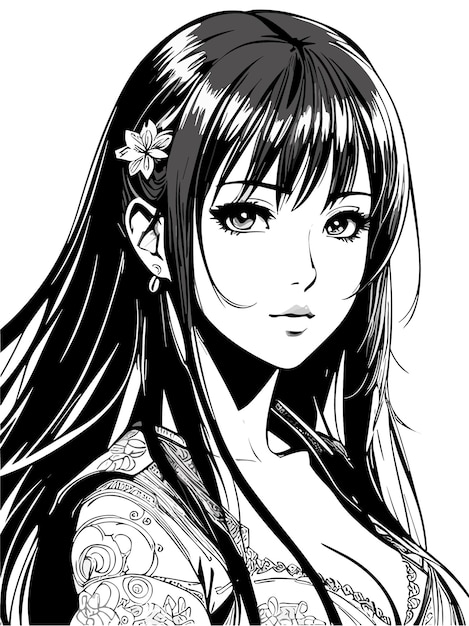Vector schattige schoonheid vrouwelijk lang haar schets zwart-wit anime stijl kunstwerk illustratie