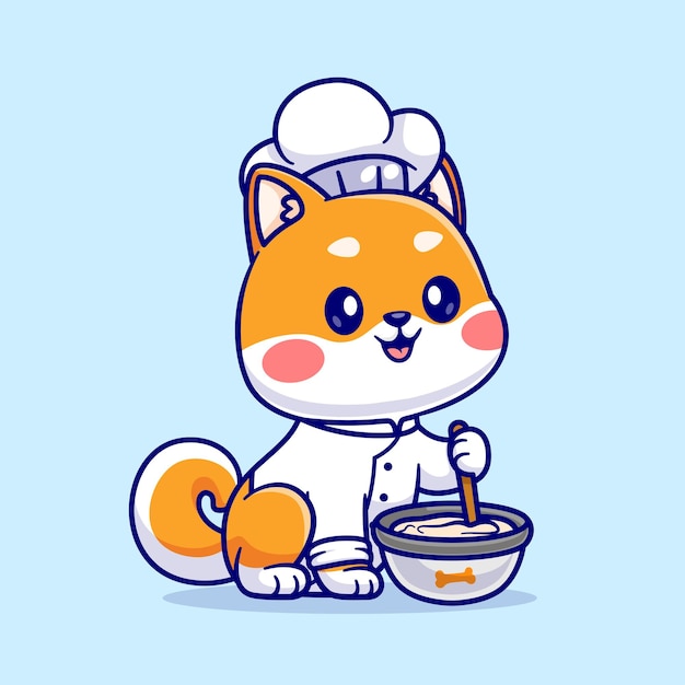 Schattige shiba inu chef koken cartoon vector pictogram illustratie dierlijk voedsel pictogram concept geïsoleerd