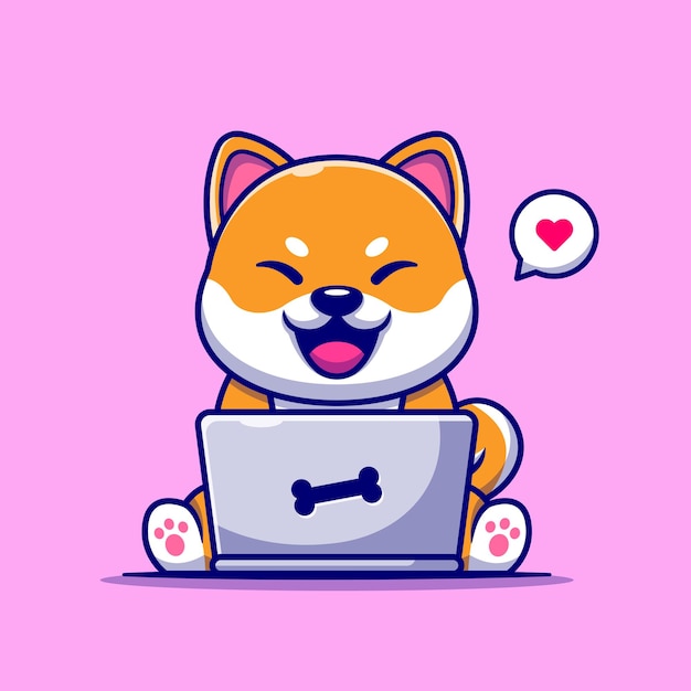 Vector schattige shiba inu hond bezig met laptop cartoon afbeelding.