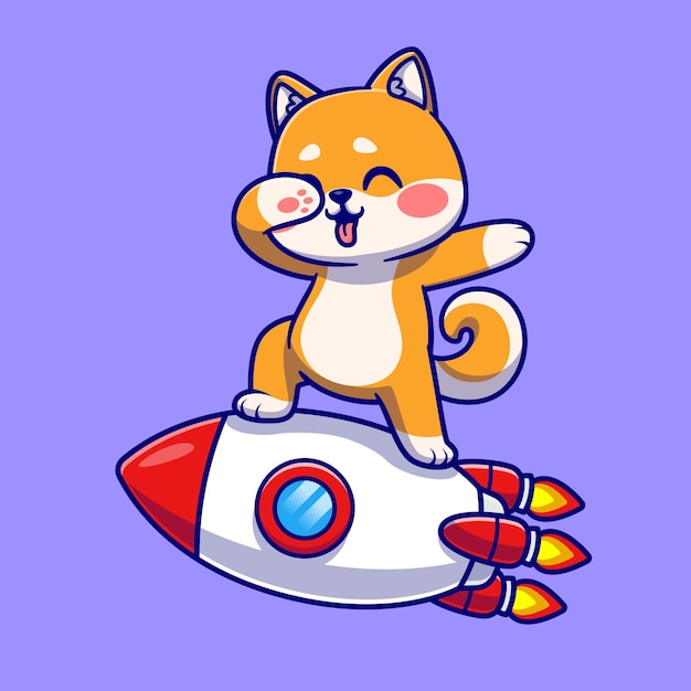 Schattige shiba inu hond deppen op rocket cartoon vector pictogram illustratie. dierlijke technologie pictogram concept geïsoleerd premium vector. platte cartoonstijl