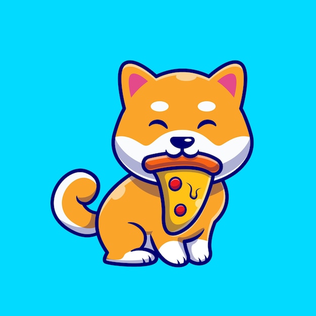 Schattige shiba inu hond eten pizza cartoon pictogram illustratie.