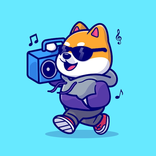 Schattige Shiba Inu Hond Luisteren Muziek Met Boombox Cartoon Vector Icon Illustratie. Dierlijke Muziek Icoon