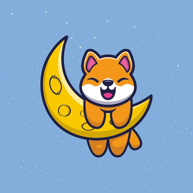 Schattige shiba inu hond met sikkel maan cartoon vectorillustratie