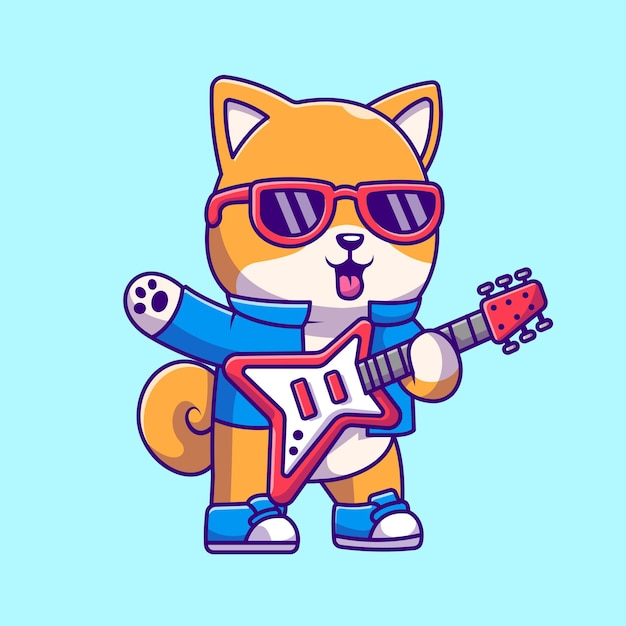 Schattige shiba inu hond spelen gitaar elektrische cartoon vector icon illustratie. dierlijke muziek geïsoleerd