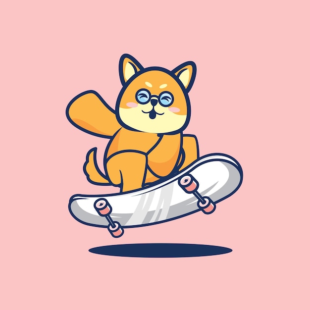 Schattige Shiba inu hond spelen skateboard cartoon plat minimalisme vectorillustratie