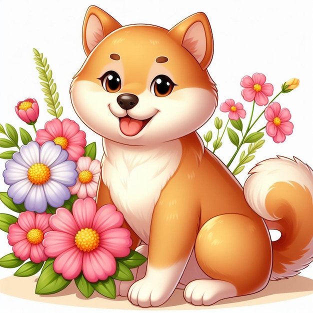 Schattige Shiba Inu Honden amp Bloem Vector Cartoon illustratie