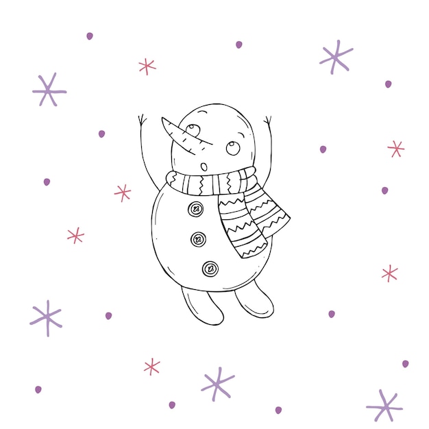 Schattige sneeuwpop met paarse en roze sneeuwvlokken op een witte achtergrond vectorillustratie in doodle stijl winter stemming hallo 2023 prettige kerstdagen en gelukkig nieuwjaar